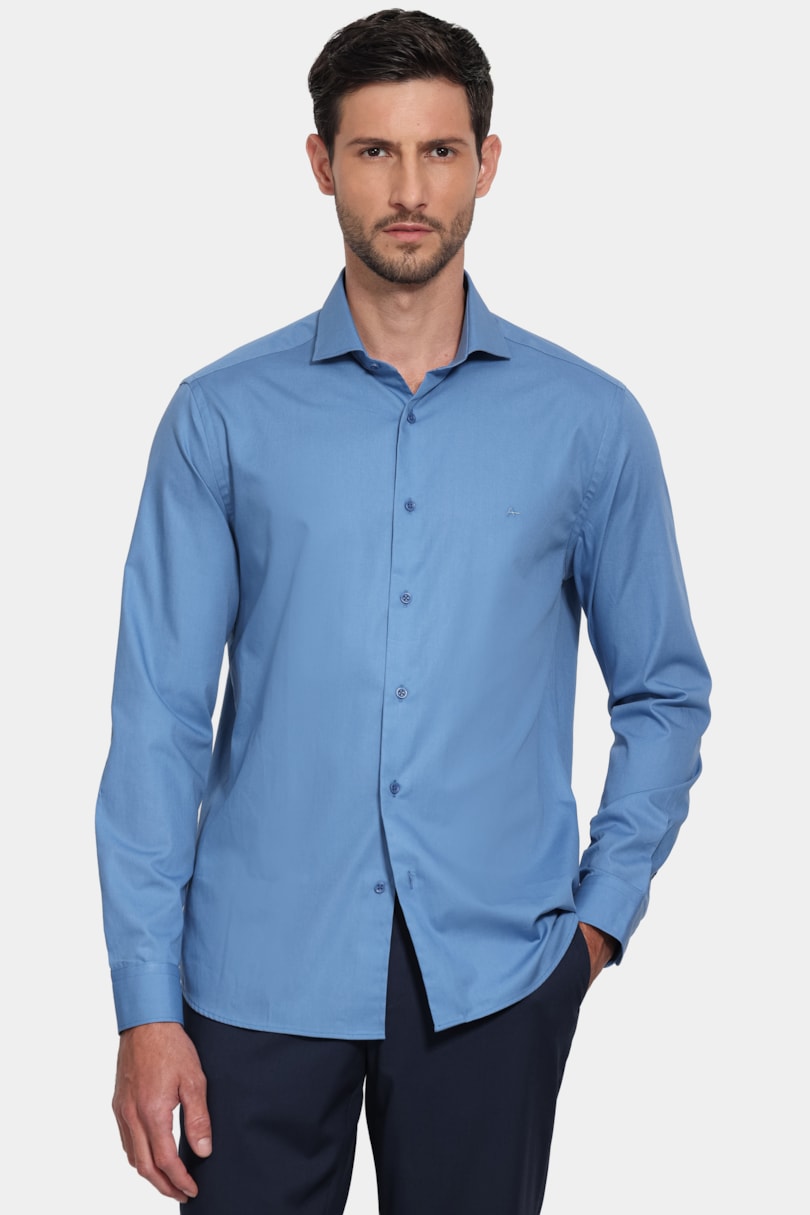 Camisa Manga Longa Slim Algodao Damero Azul Ceruleo 114
