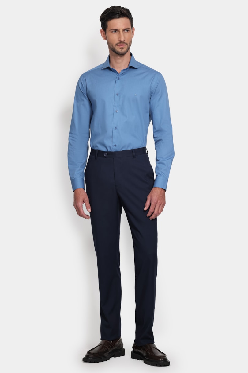 Camisa Manga Longa Slim Algodao Damero Azul Ceruleo 114