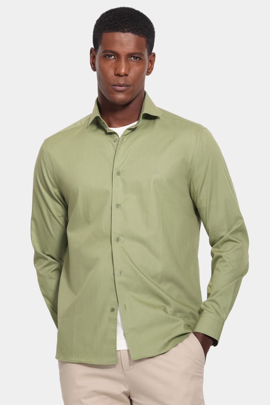 Camisa Manga Longa Slim Algodao Damero Verde Medio — foto 1 de 6