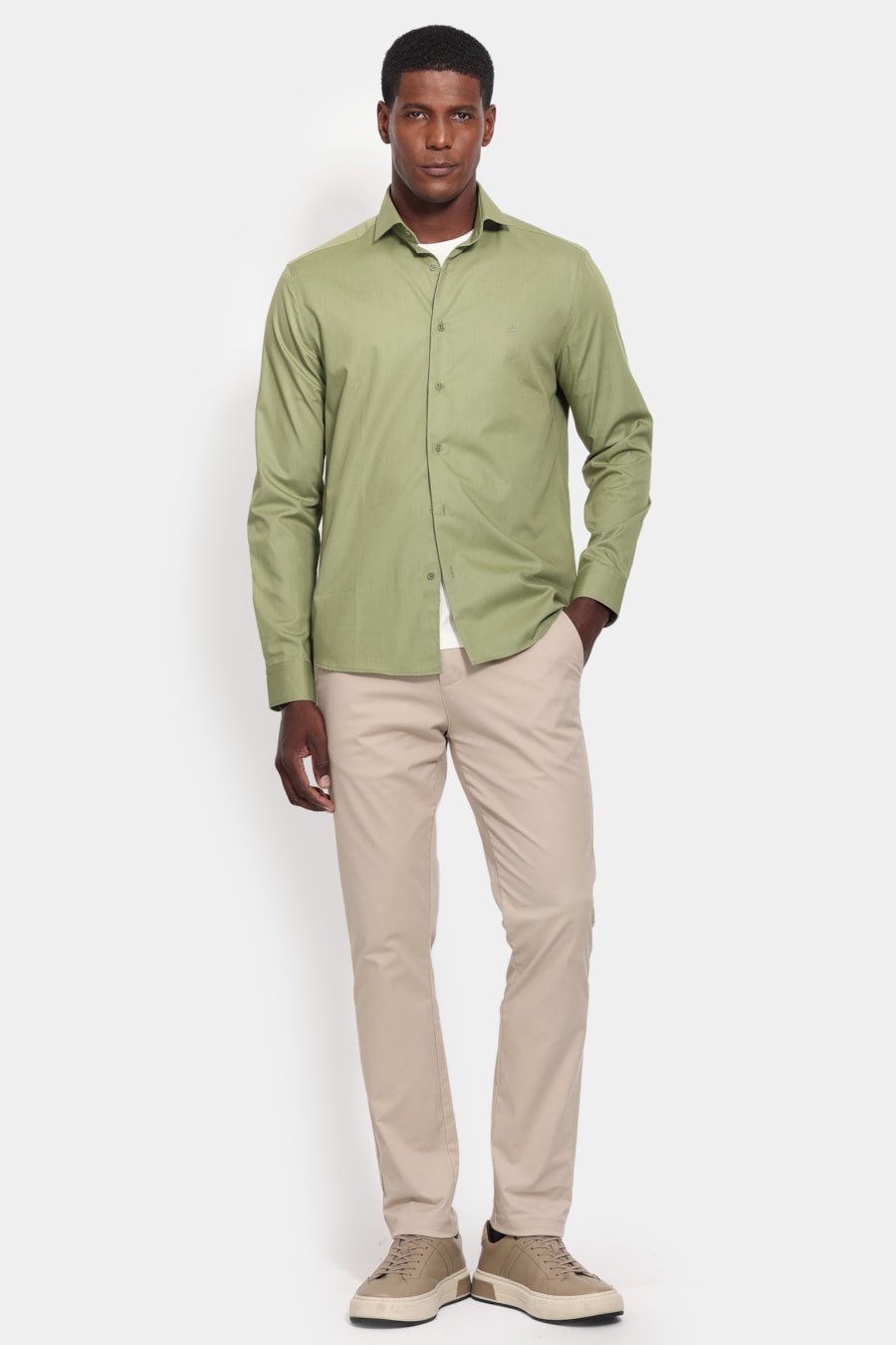 Camisa Manga Longa Slim Algodao Damero Verde Medio — foto 2 de 6