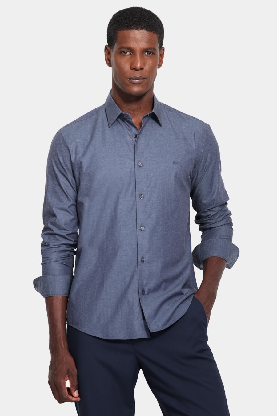 Camisa Manga Longa Slim Algodão Fio 60 Azul Escuro — foto 1 de 6