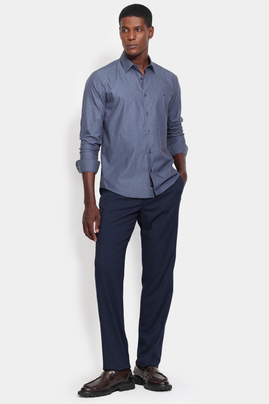 Camisa Manga Longa Slim Algodão Fio 60 Azul Escuro — foto 2 de 6