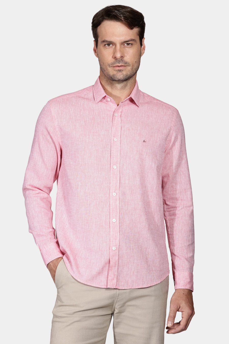 Camisa Manga Longa Slim Algodão Linho Coral — foto 1 de 5