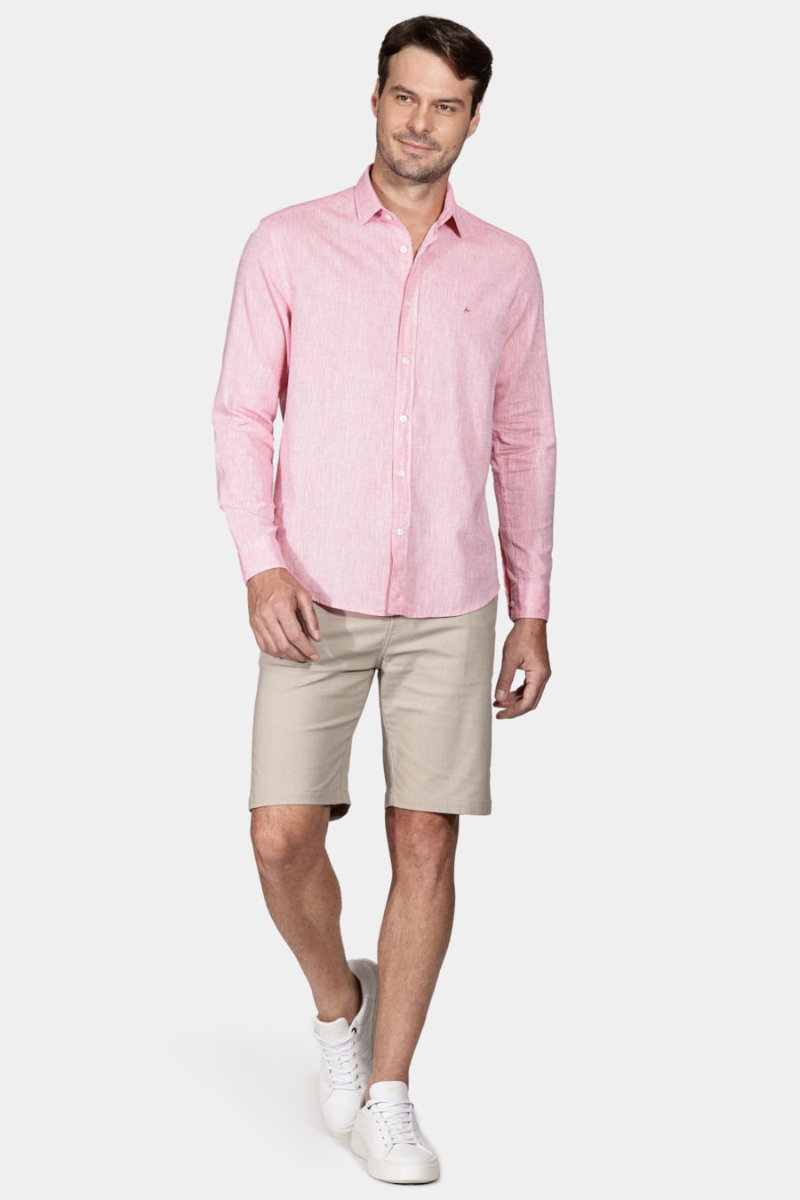 Camisa Manga Longa Slim Algodão Linho Coral — foto 2 de 5