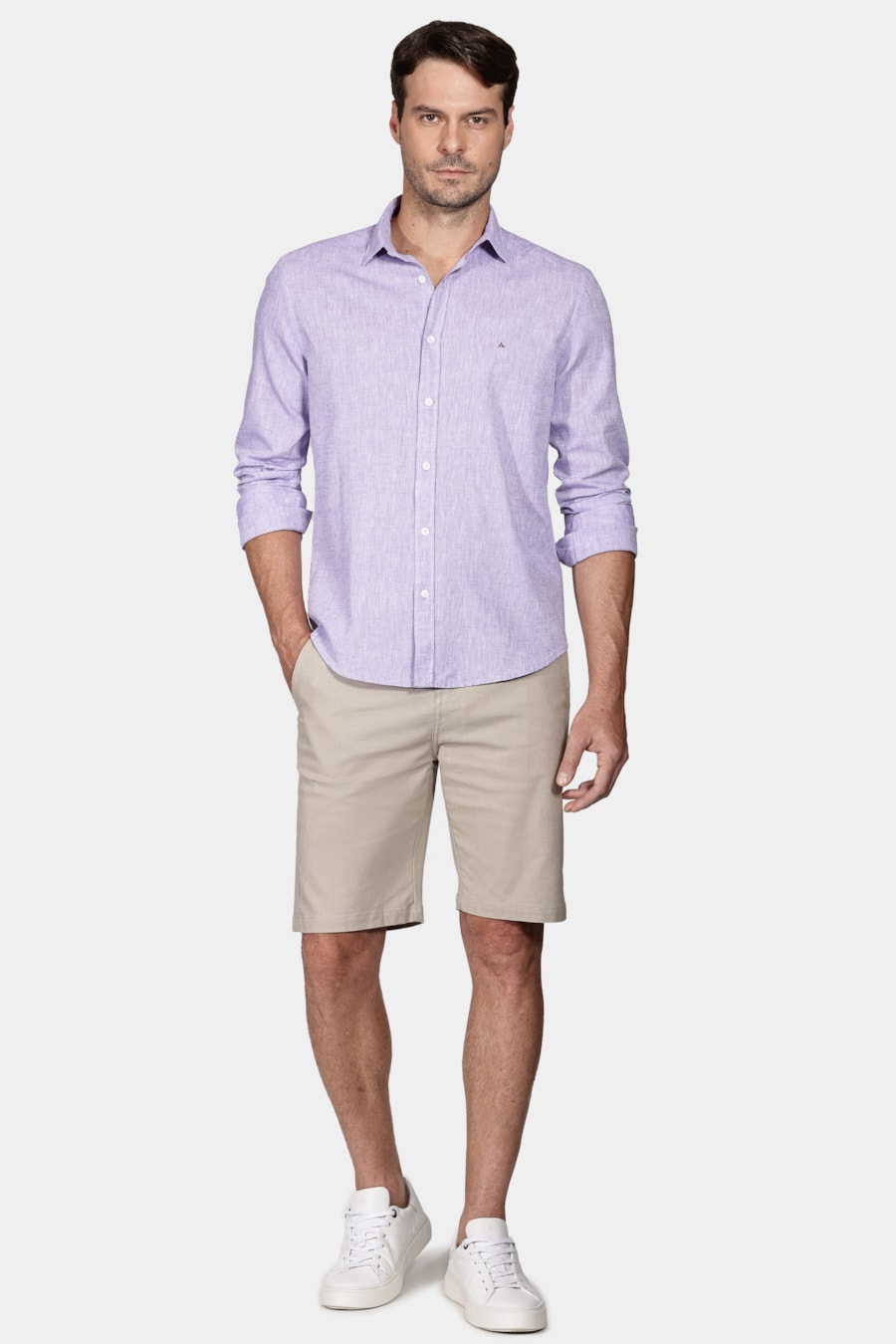 Camisa Manga Longa Slim Algodão Linho Lilás — foto 2 de 5