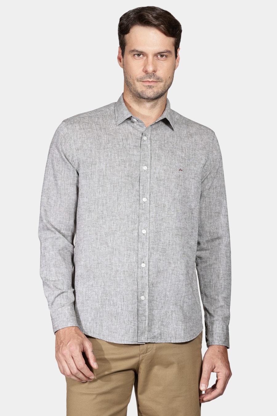 Camisa Manga Longa Slim Algodão Linho Verde Militar — foto 1 de 5