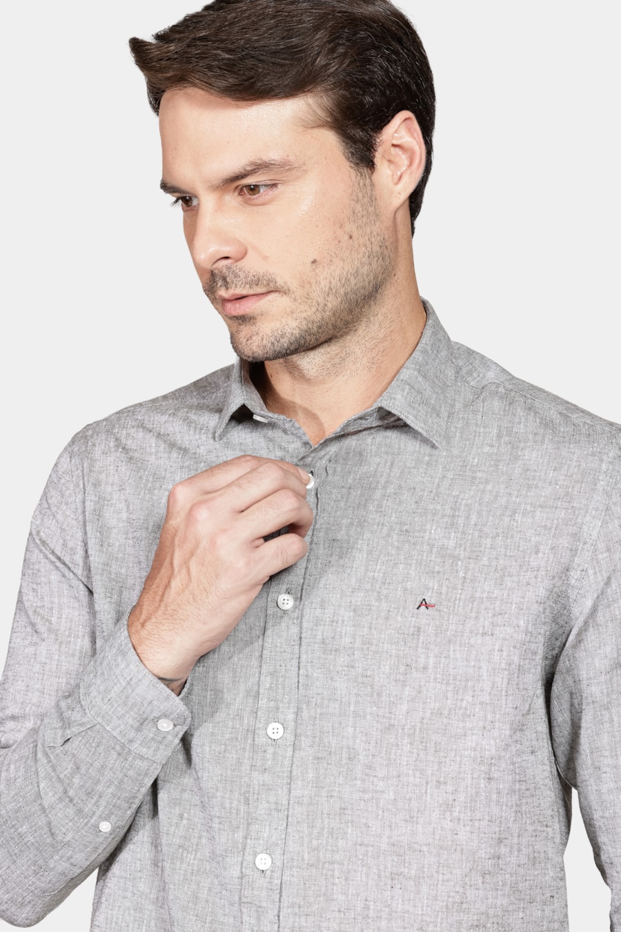 Camisa Manga Longa Slim Algodão Linho Verde Militar — foto 3 de 5