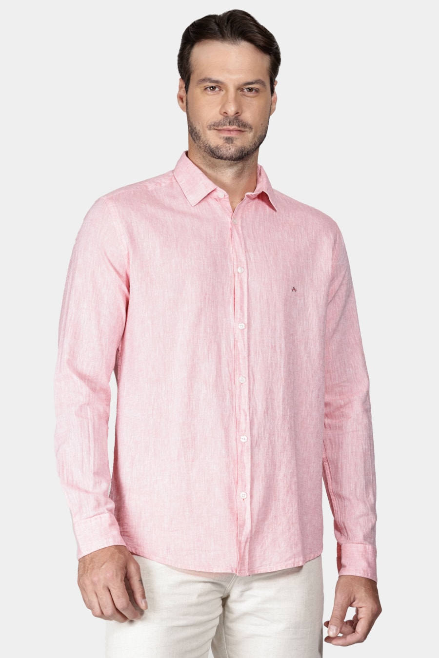 Camisa Manga Longa Slim Algodão Linho Vermelho Claro — foto 1 de 5