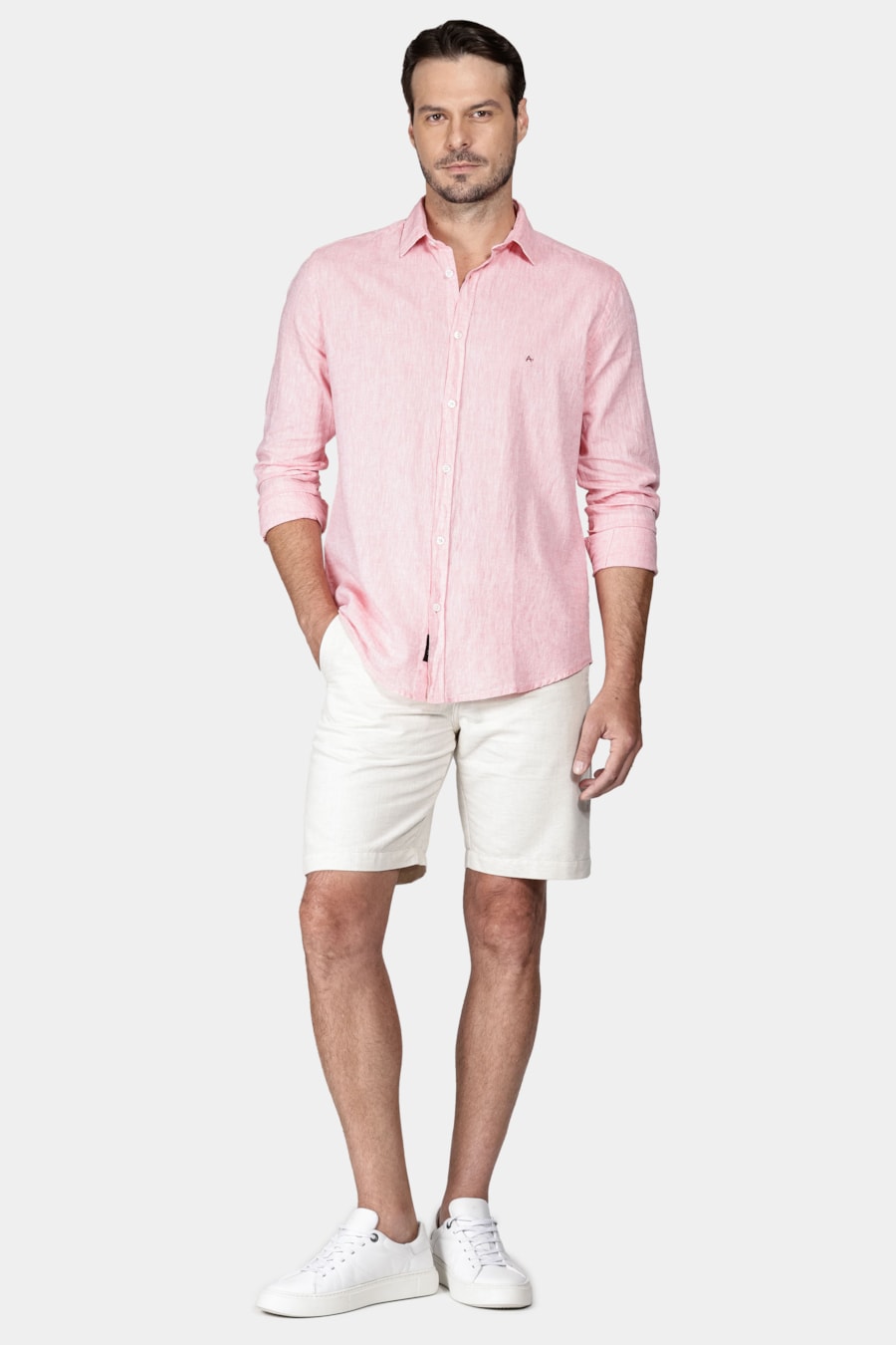 Camisa Manga Longa Slim Algodão Linho Vermelho Claro — foto 2 de 5