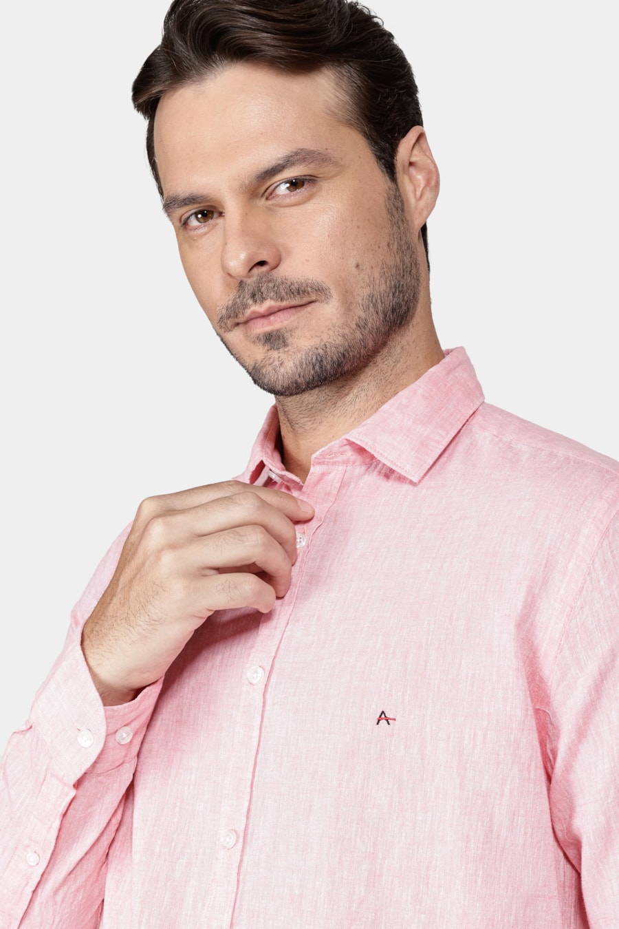Camisa Manga Longa Slim Algodão Linho Vermelho Claro — foto 3 de 5