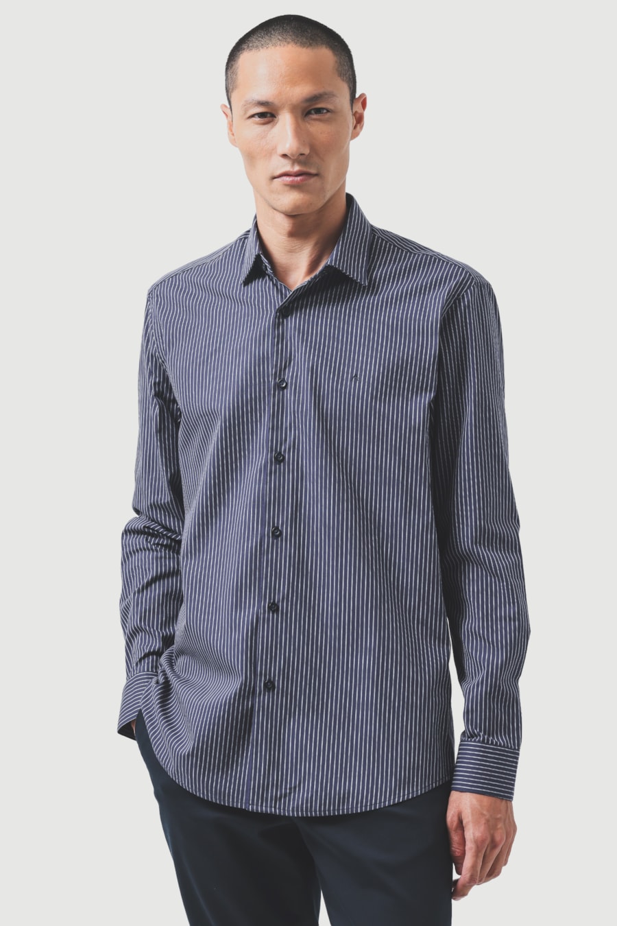 Camisa Manga Longa Slim Algodao Listrada Filetes Marinho/Branco — foto 1 de 6