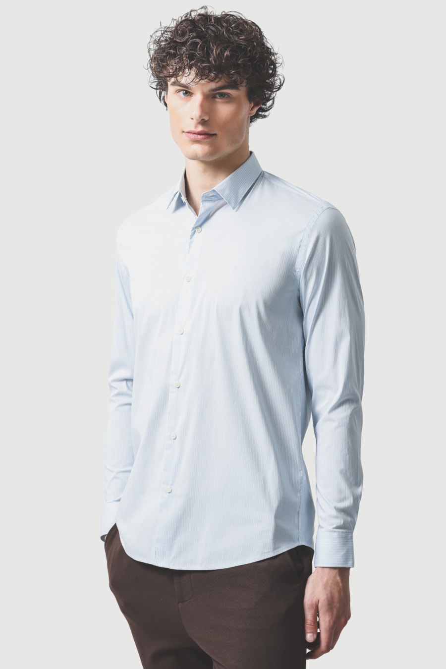 Camisa Manga Longa Slim Algodao Listrado Azul Claro C/Branco — foto 1 de 6