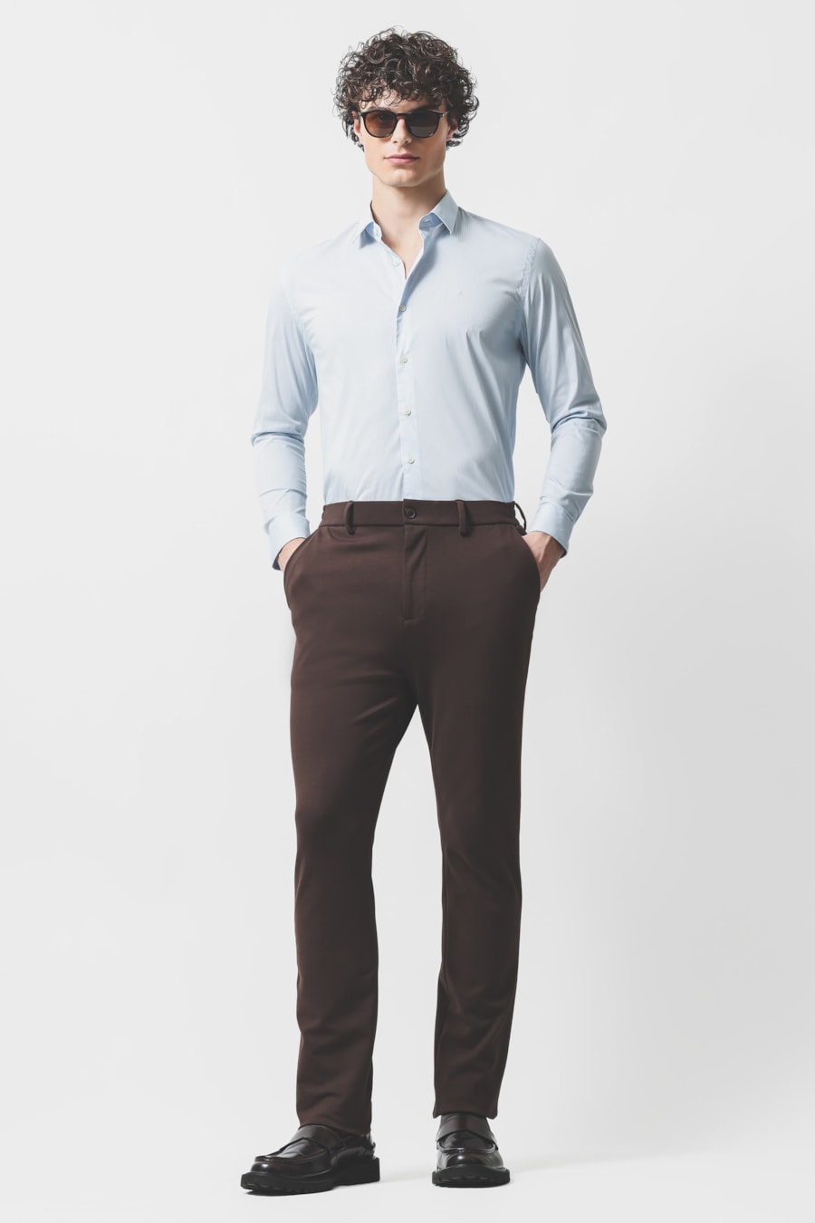 Camisa Manga Longa Slim Algodao Listrado Azul Claro C/Branco — foto 2 de 6