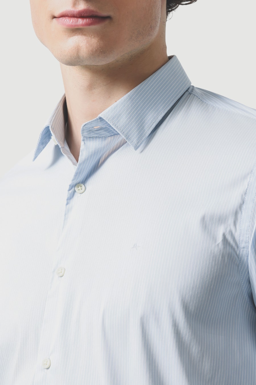 Camisa Manga Longa Slim Algodao Listrado Azul Claro C/Branco — foto 3 de 6