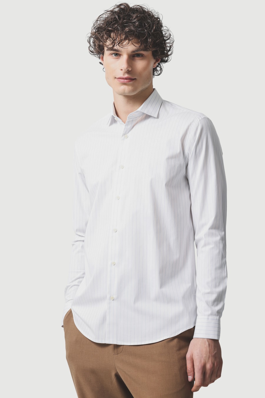 Camisa Manga Longa Slim Algodão Listras Branco C/Azul Claro — foto 1 de 6