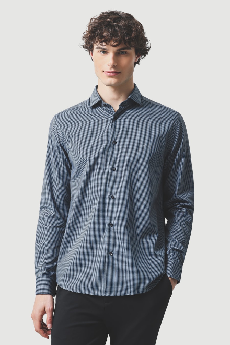 Camisa Manga Longa Slim Algodão Micro Xadrez Damero Azul Medio C/ Marinho — foto 1 de 6