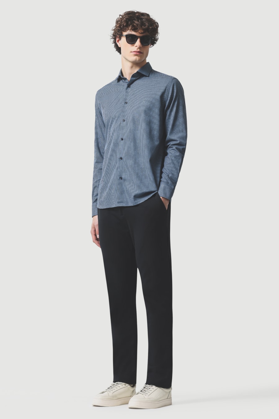 Camisa Manga Longa Slim Algodão Micro Xadrez Damero Azul Medio C/ Marinho — foto 2 de 6