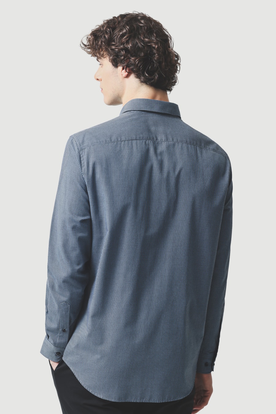 Camisa Manga Longa Slim Algodão Micro Xadrez Damero Azul Medio C/ Marinho — foto 4 de 6