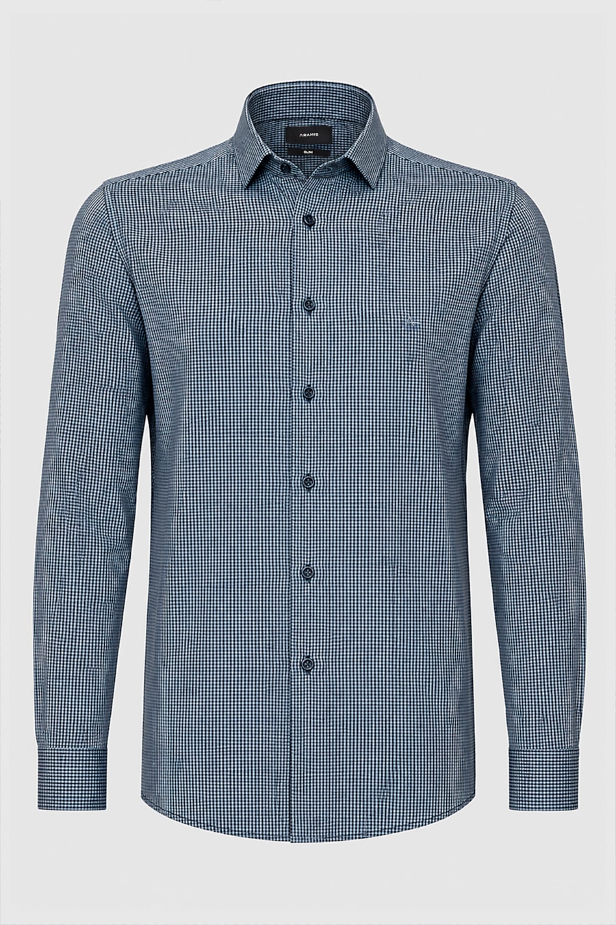 Camisa Manga Longa Slim Algodão Micro Xadrez Damero Azul Medio C/ Marinho — foto 5 de 6