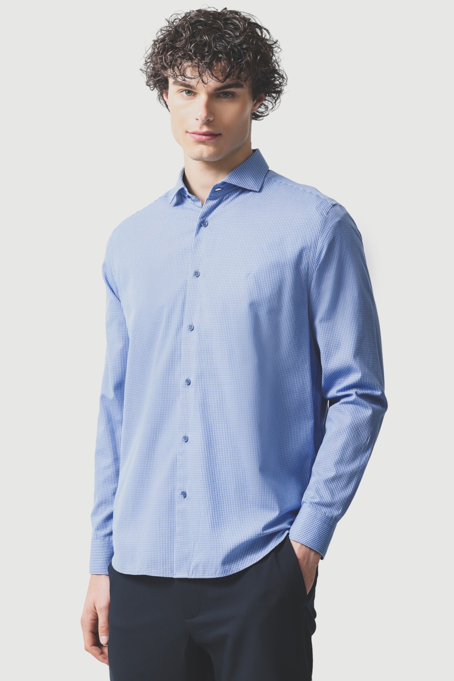 Camisa Manga Longa Slim Algodão Micro Xadrez Damero Azulclaro C/ Azul — foto 1 de 6