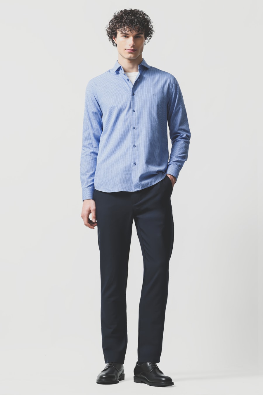 Camisa Manga Longa Slim Algodão Micro Xadrez Damero Azulclaro C/ Azul — foto 2 de 6