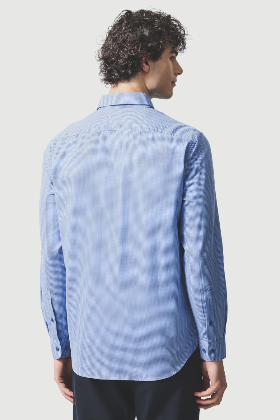 Camisa Manga Longa Slim Algodão Micro Xadrez Damero Azulclaro C/ Azul — foto 4 de 6