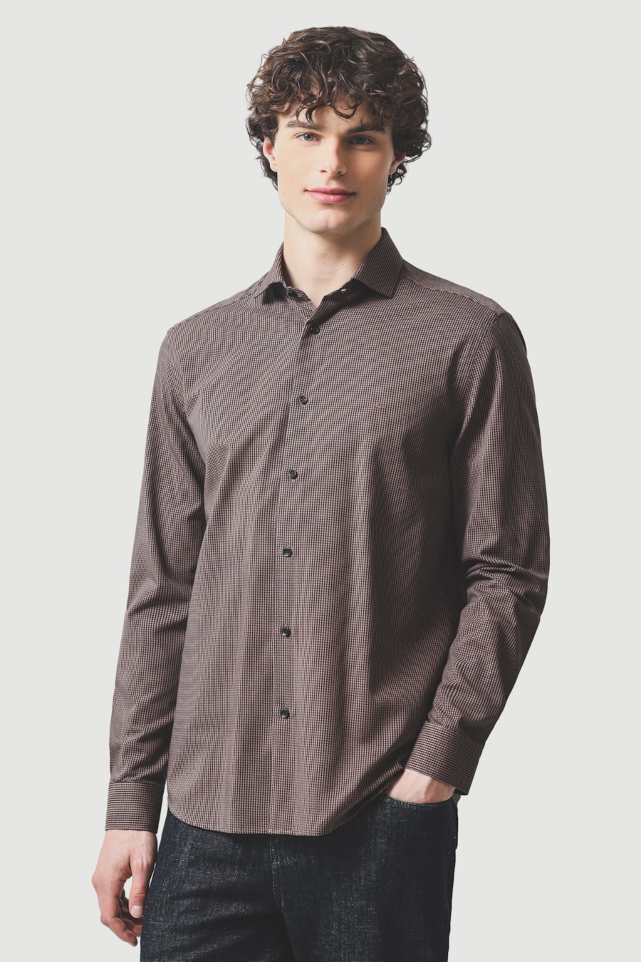 Camisa Manga Longa Slim Algodão Micro Xadrez Damero Castor C/ Marinho — foto 1 de 6