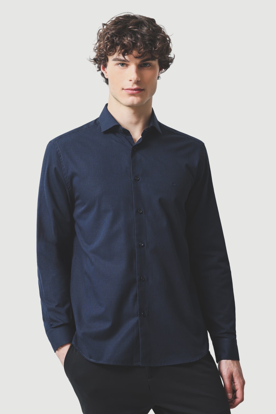 Camisa Manga Longa Slim Algodão Micro Xadrez Damero Royal C/ Marinho — foto 1 de 6