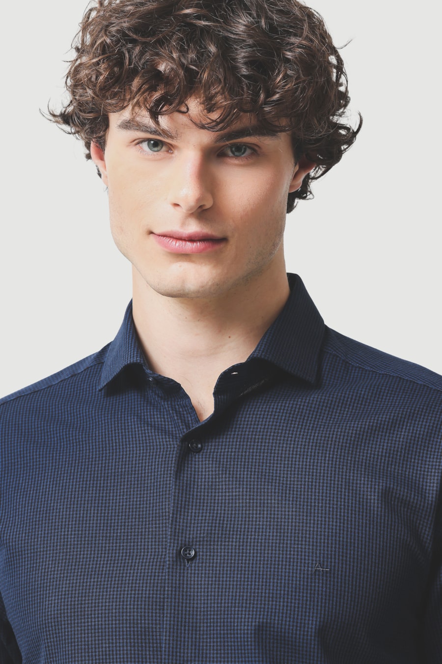Camisa Manga Longa Slim Algodão Micro Xadrez Damero Royal C/ Marinho — foto 3 de 6