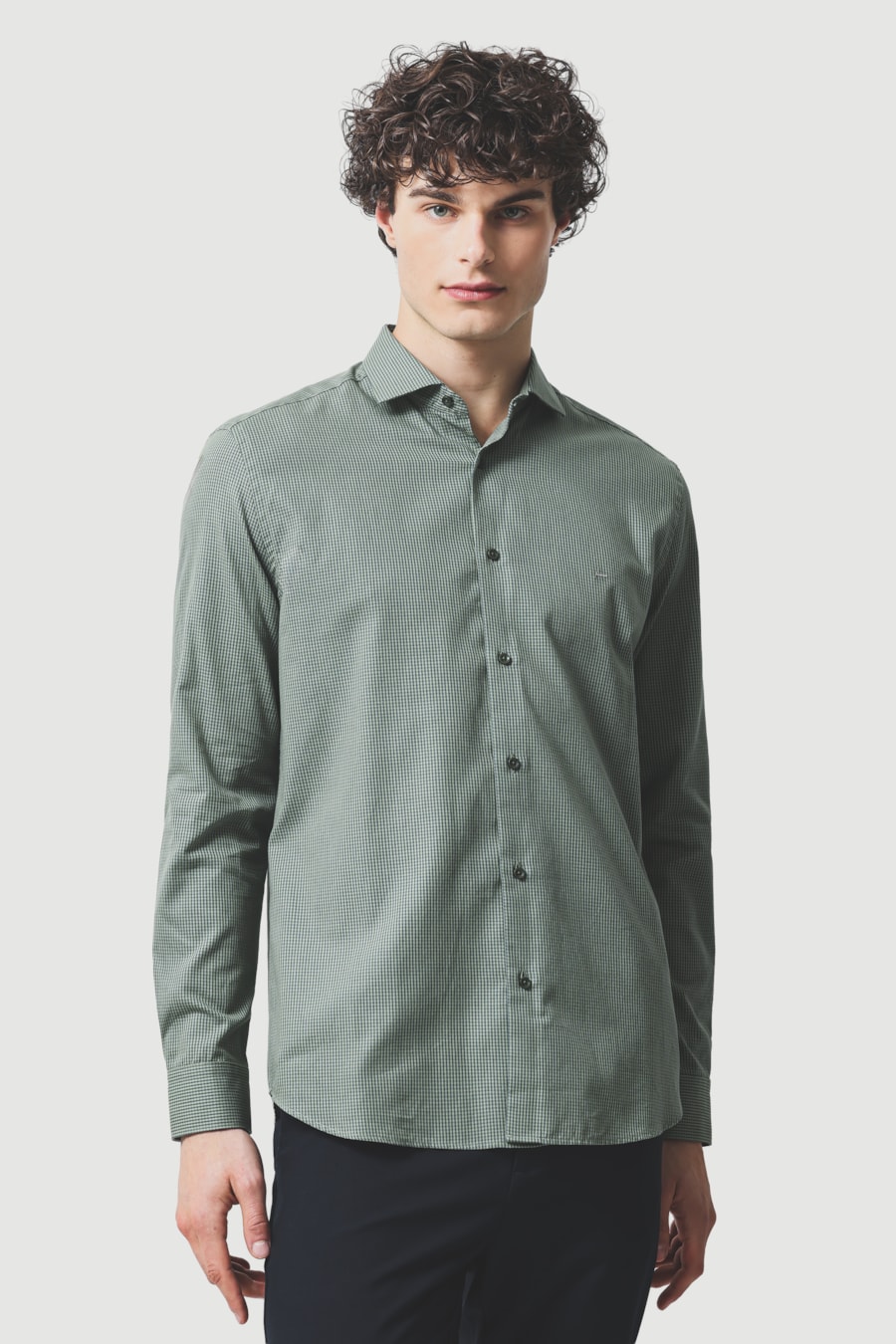 Camisa Manga Longa Slim Algodão Micro Xadrez Damero Verde C/Azul — foto 1 de 5