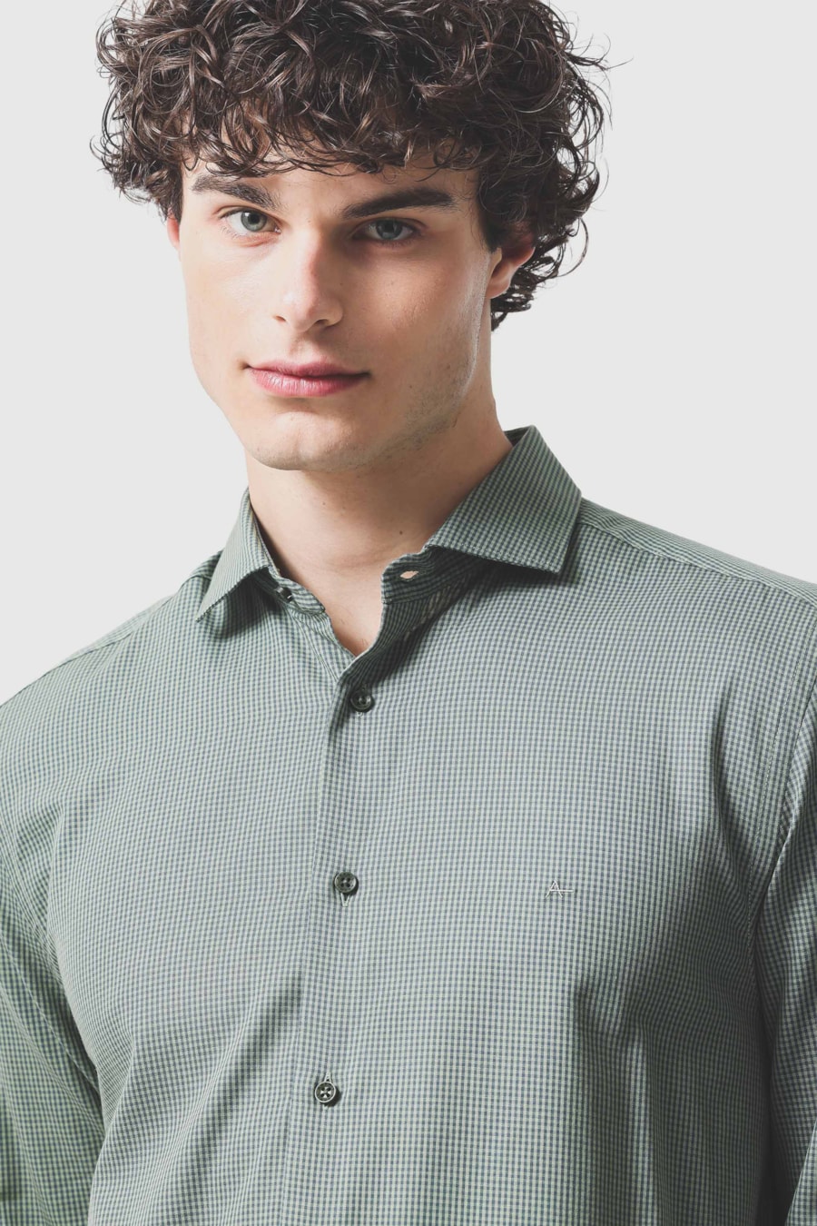 Camisa Manga Longa Slim Algodão Micro Xadrez Damero Verde C/Azul — foto 3 de 5