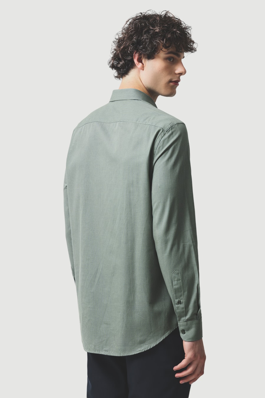 Camisa Manga Longa Slim Algodão Micro Xadrez Damero Verde C/Azul — foto 4 de 5