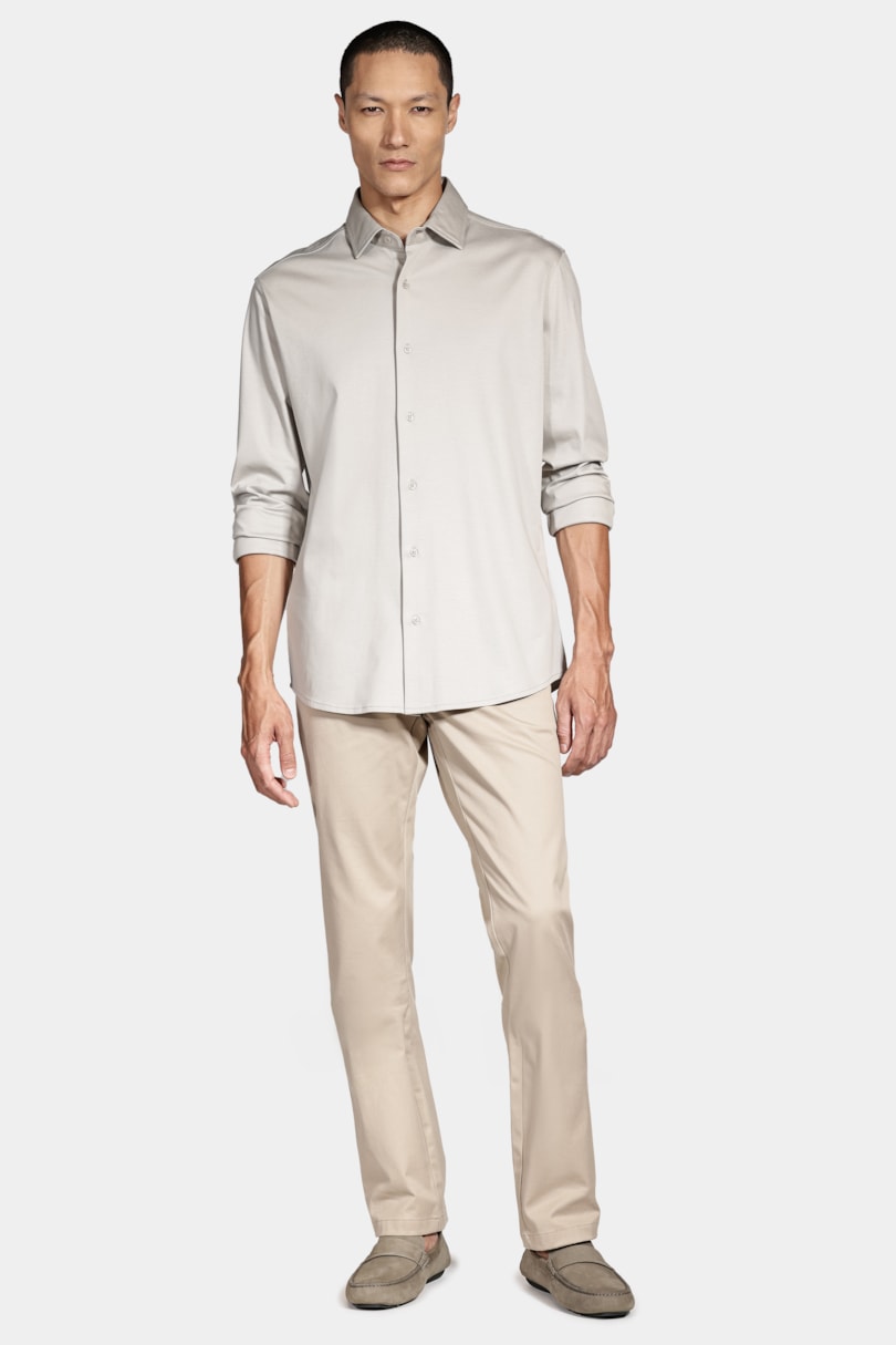 Camisa Manga Longa Slim Algodão Modal e Seda Cáqui