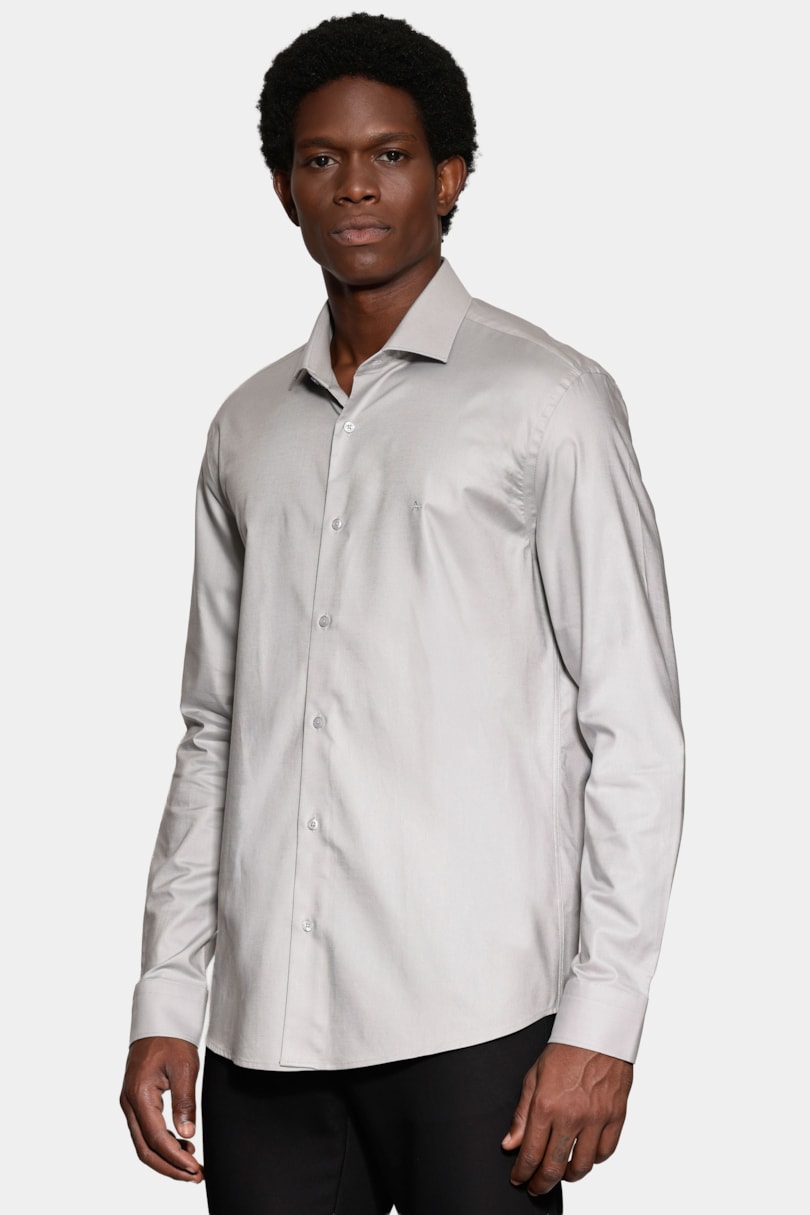 Camisa Manga Longa Slim Algodão Pima Sarjada Cinza Claro