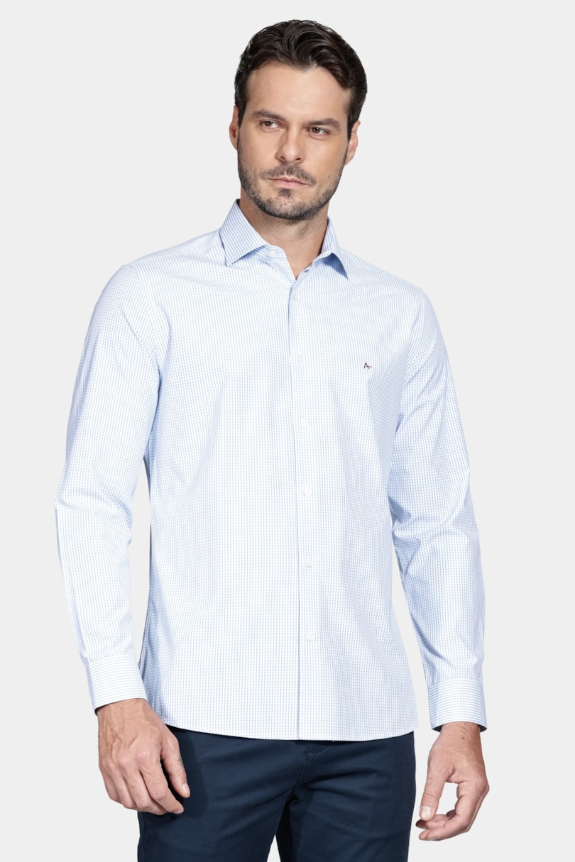 Camisa Manga Longa Slim Algodão Quadriculado Branco C/Azul Claro