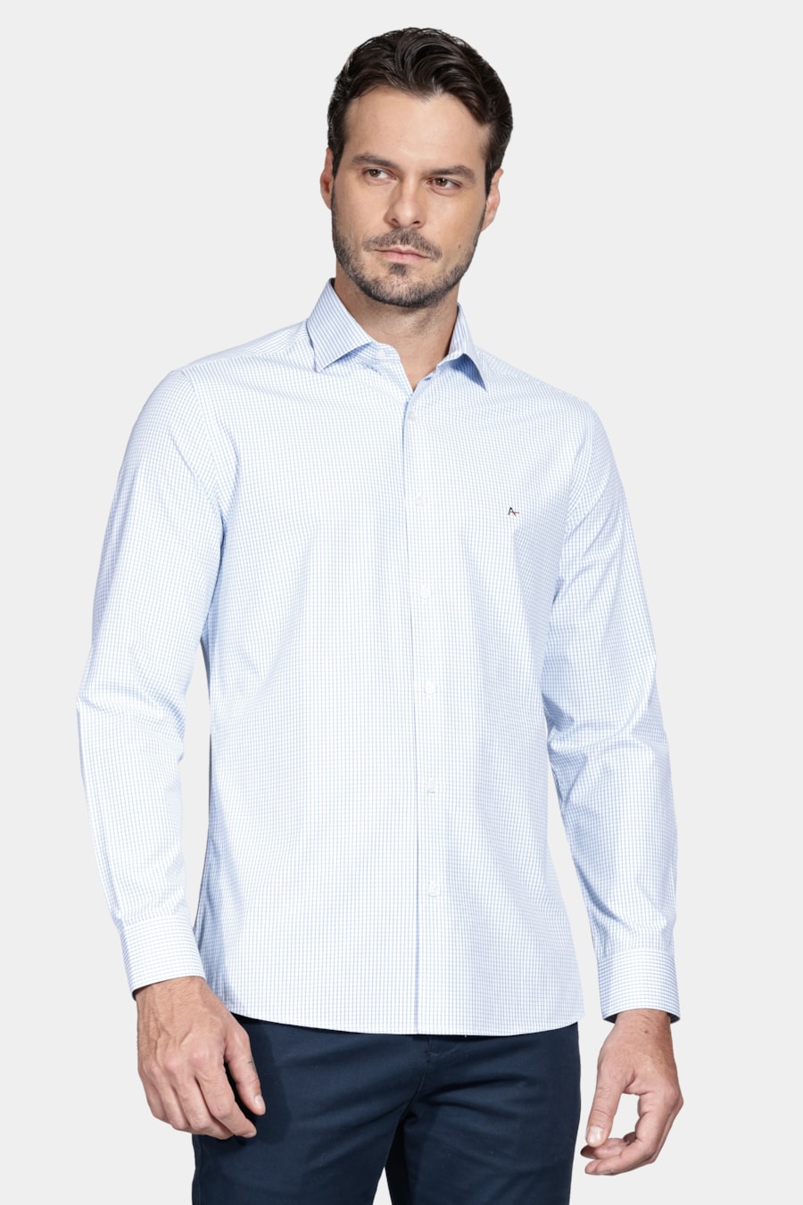 Camisa Manga Longa Slim Algodão Quadriculado Branco C/Azul Claro — foto 1 de 6