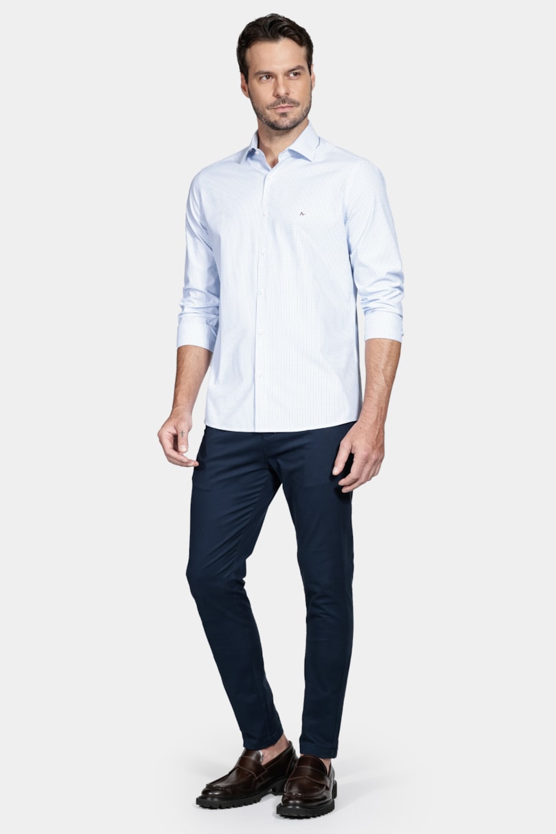Camisa Manga Longa Slim Algodão Quadriculado Branco C/Azul Claro