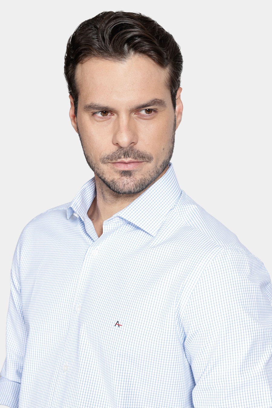 Camisa Manga Longa Slim Algodão Quadriculado Branco C/Azul Claro — foto 3 de 6