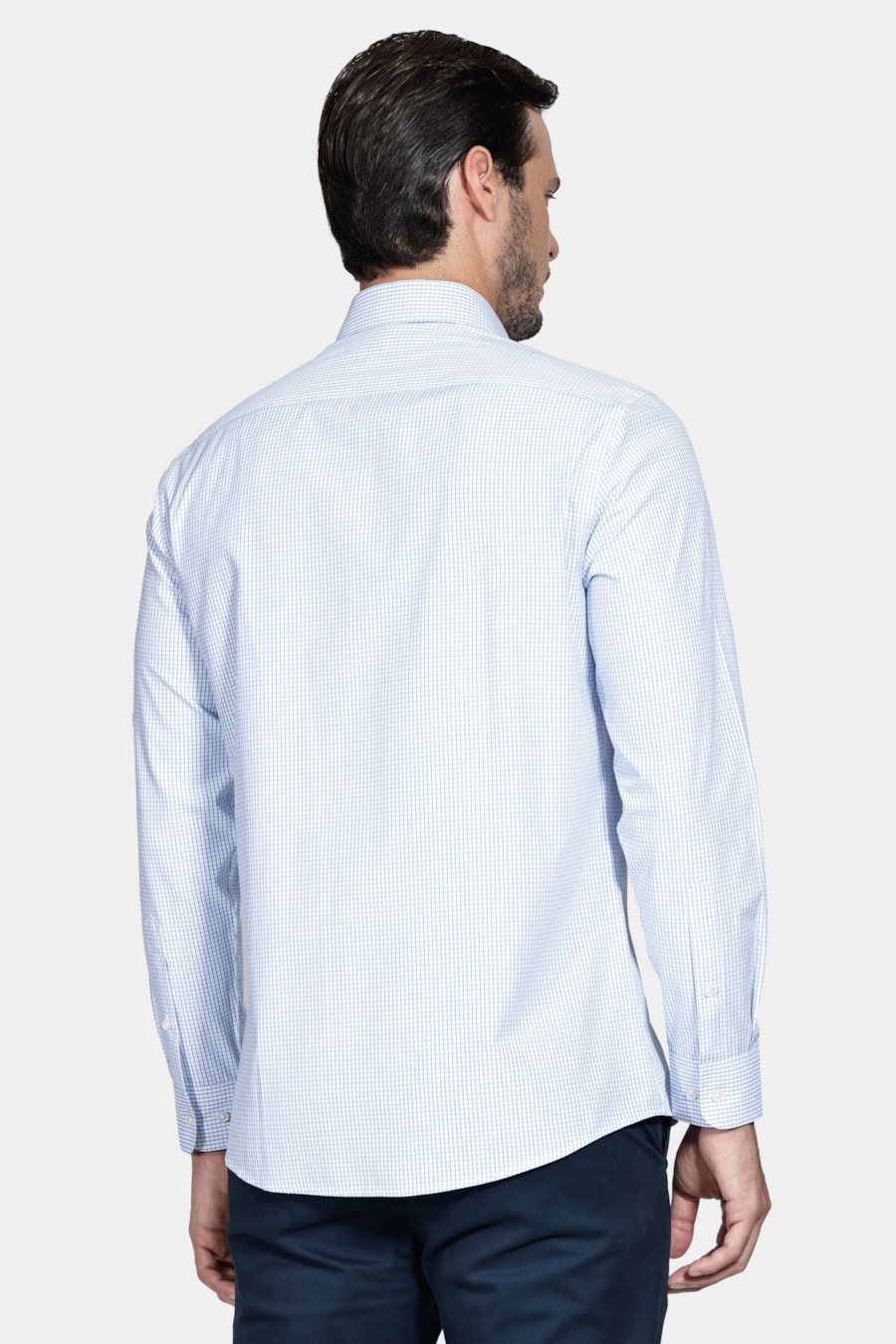 Camisa Manga Longa Slim Algodão Quadriculado Branco C/Azul Claro — foto 4 de 6