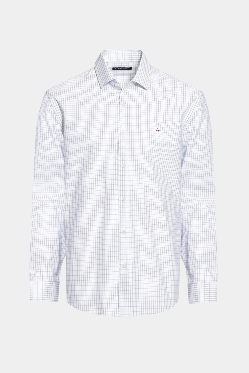 Camisa Manga Longa Slim Algodão Quadriculado Branco C/Marinho
