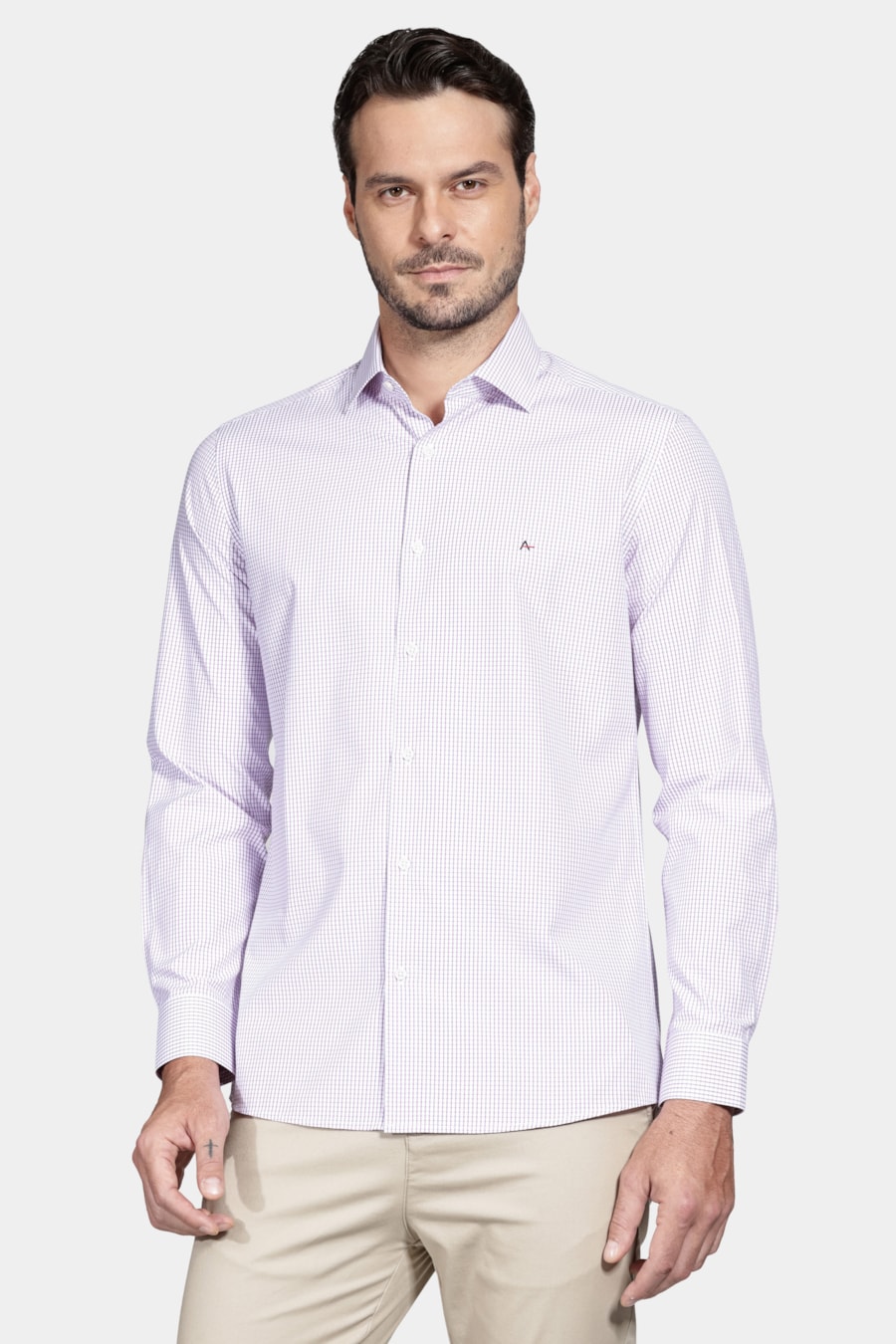 Camisa Manga Longa Slim Algodão Quadriculado Branco C/Rosa — foto 1 de 6