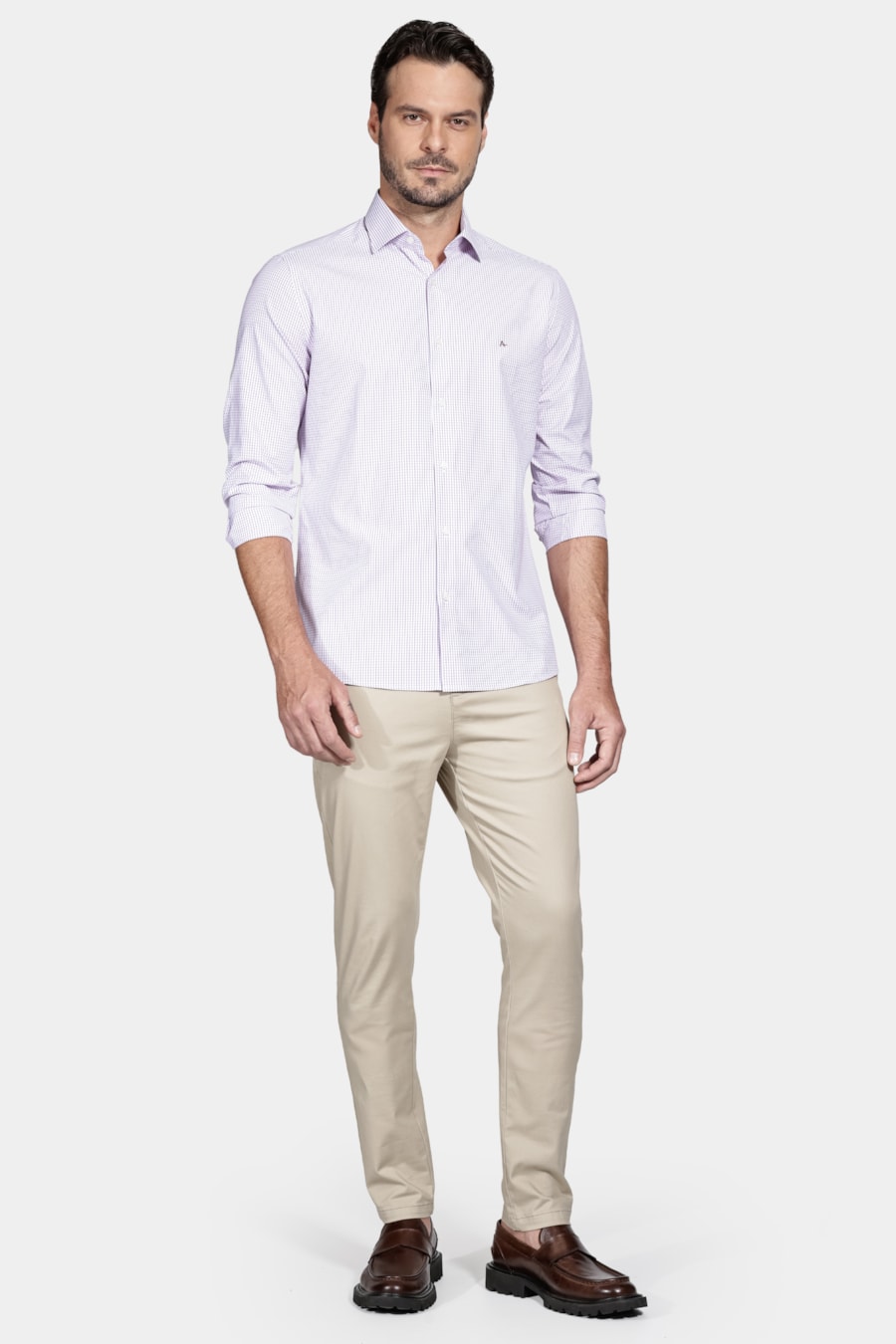 Camisa Manga Longa Slim Algodão Quadriculado Branco C/Rosa — foto 2 de 6