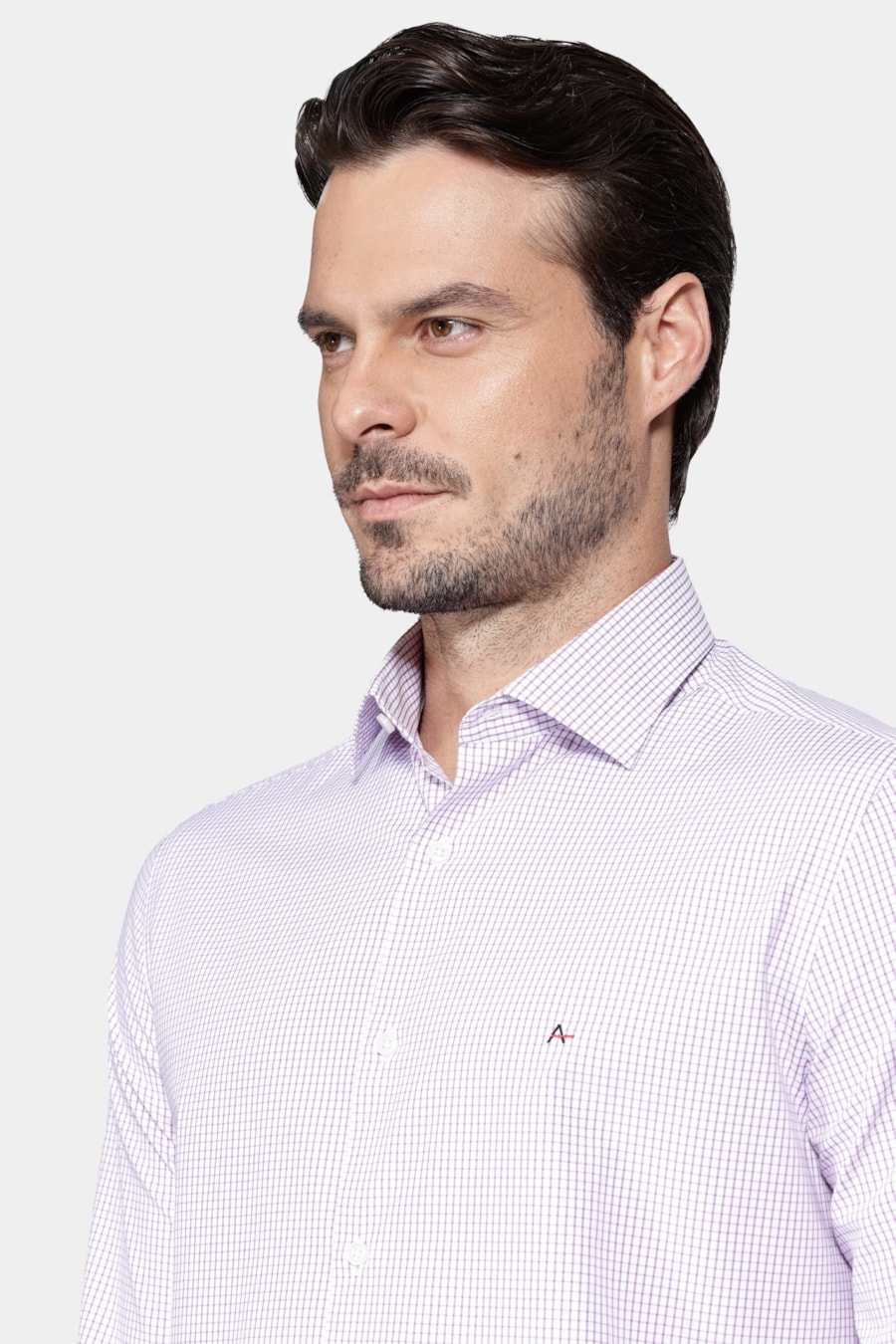 Camisa Manga Longa Slim Algodão Quadriculado Branco C/Rosa — foto 3 de 6