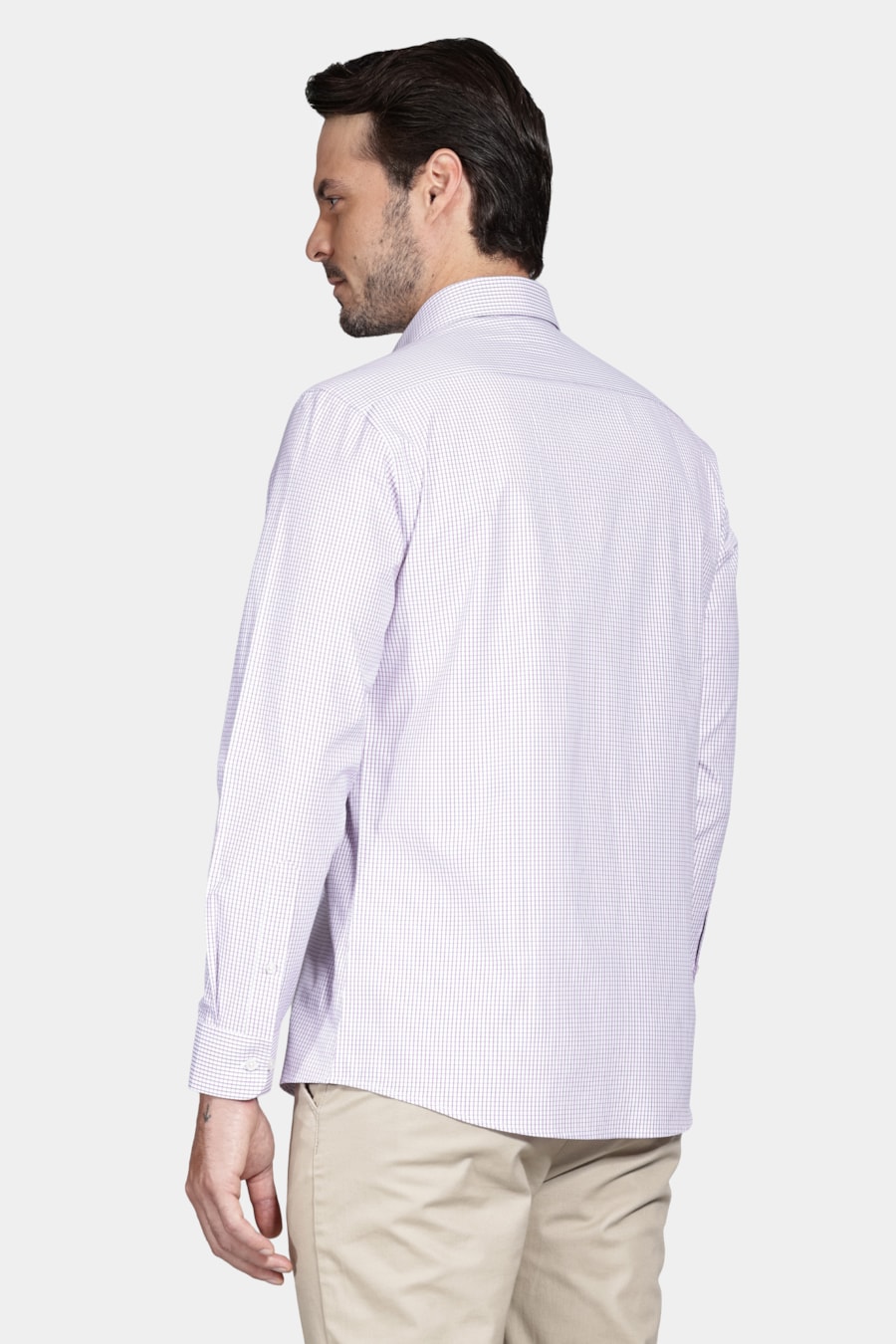 Camisa Manga Longa Slim Algodão Quadriculado Branco C/Rosa — foto 4 de 6
