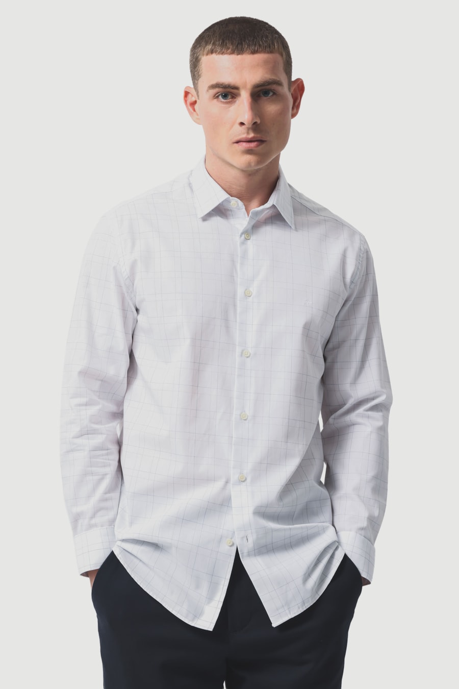 Camisa Manga Longa Slim Algodão Xadrez Branco C/Marinho — foto 1 de 6