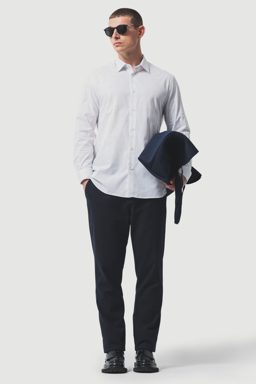 Camisa Manga Longa Slim Algodão Xadrez Branco C/Marinho — foto 2 de 6
