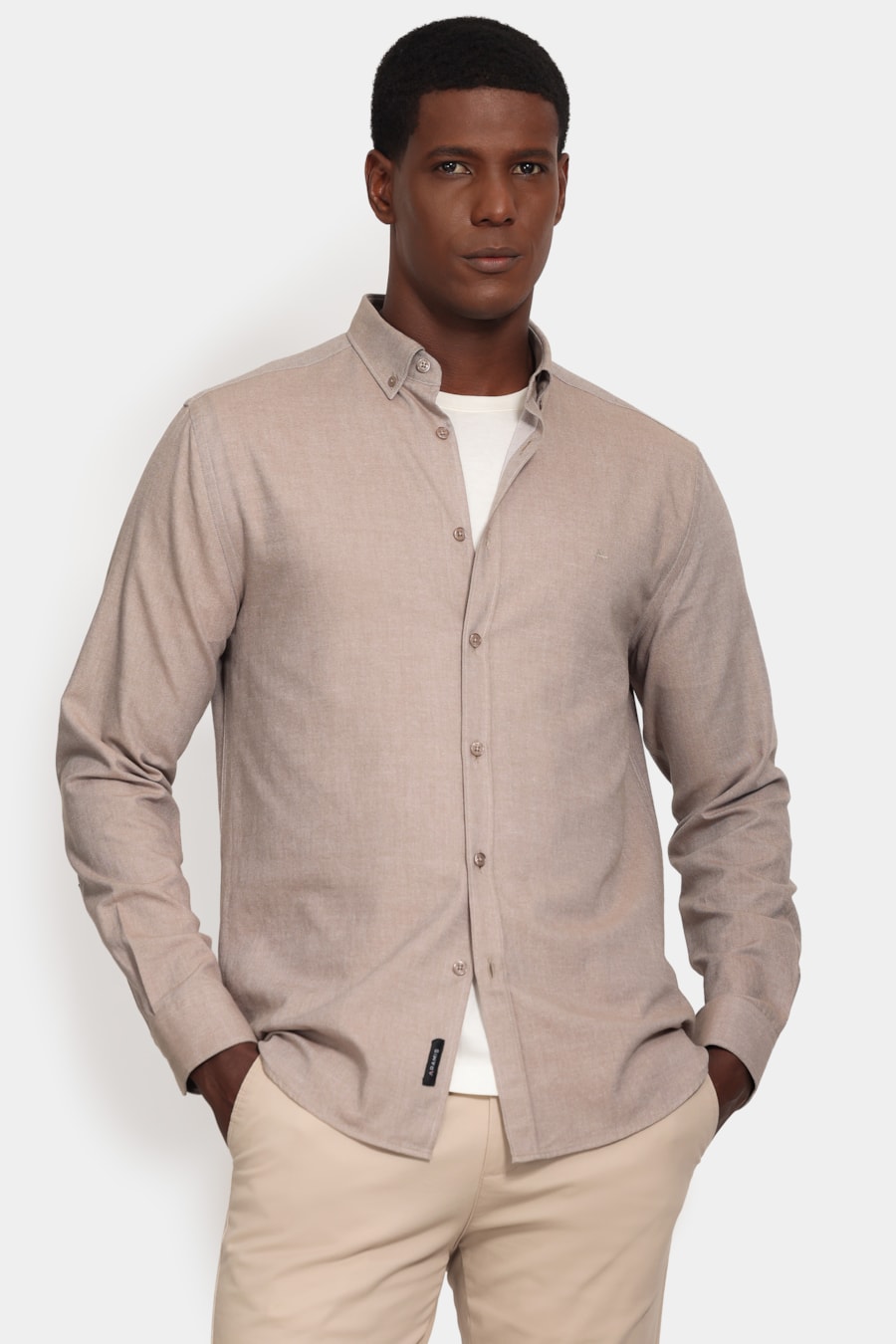 Camisa Manga Longa Slim Button Down Caqui — foto 1 de 6