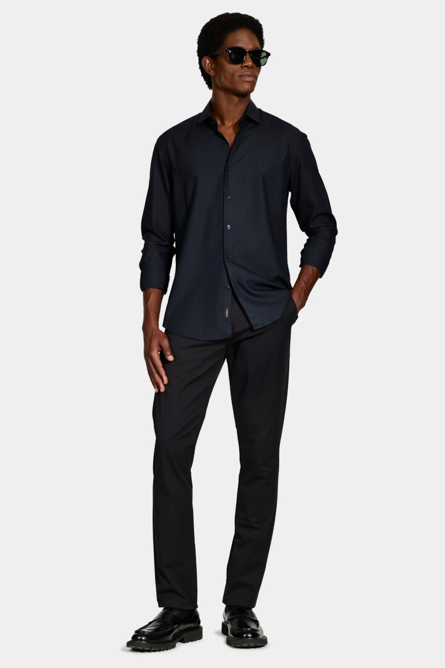 Camisa Manga Longa Slim Catar Melange Marinho — foto 2 de 6
