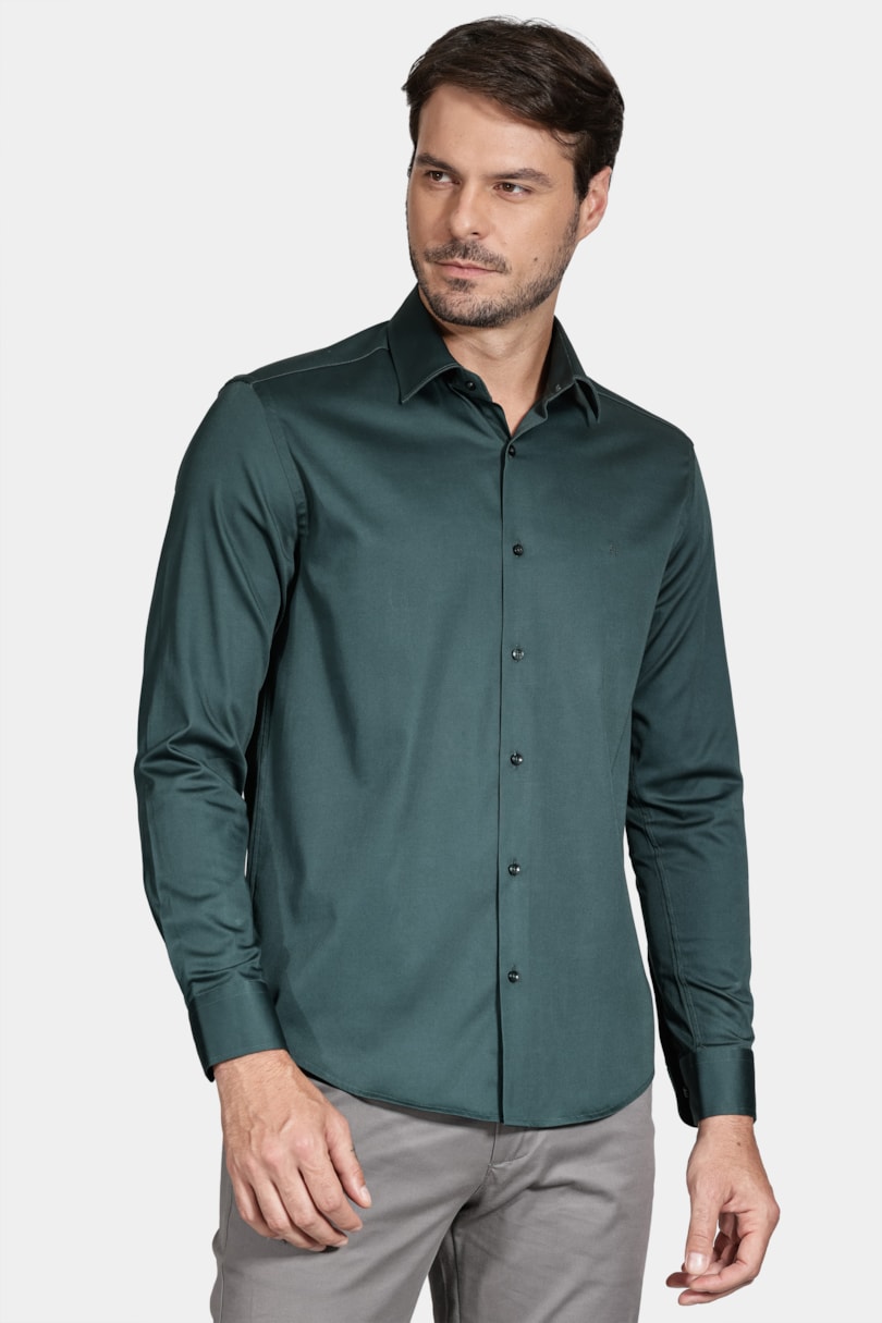 Camisa Manga Longa Slim Cetim Com Elastano Hudson Verde Escuro