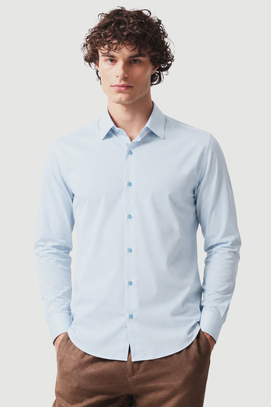 Camisa Manga Longa Slim Cetim de Malha 120/2 Azul Claro — foto 1 de 5